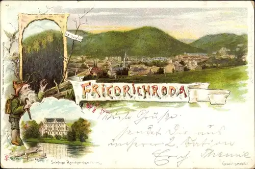 Litho Friedrichroda im Thüringer Wald, Panorama vom Ort, Schloss Reinhardsbrunn, Zwerg