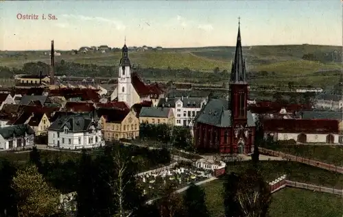 Ak Ostritz in der Oberlausitz, Teilansicht, Kirche
