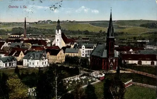 Ak Ostritz in der Oberlausitz, Teilansicht, Kirche