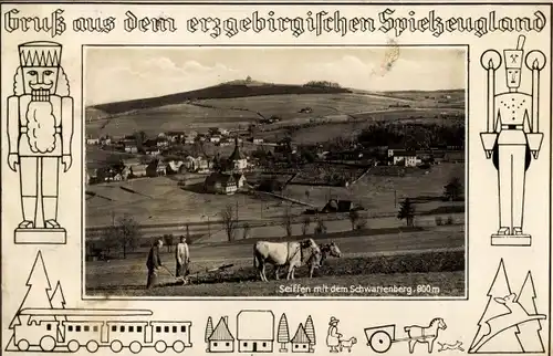 Passepartout Ak Seiffen im Erzgebirge, Totale mit Schwartenberg, Spielzeug Werbeschau