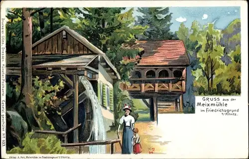 Künstler Litho Dresden Nordost Pillnitz, Meixmühle im Friedrichsgrund, Wassermühle