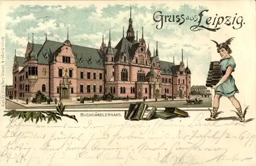 Litho Leipzig in Sachsen, Buchhändlerhaus, Außenansciht, junger Hermes trägt Bücher, Flügelhelm