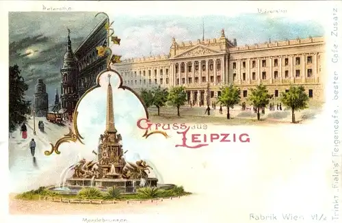 Litho Leipzig in Sachsen, Peterstor bei Nacht, Universität, Mendebrunnen