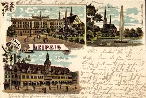 Litho Leipzig in Sachsen, Universität, Mendebrunnen, Lutherkirche, Rathaus