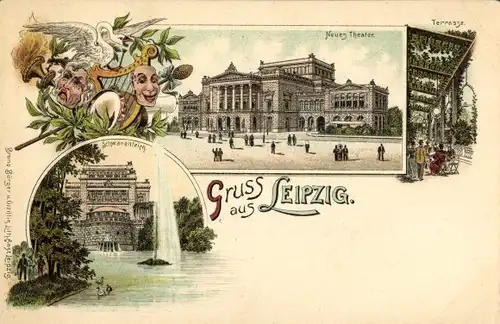 Litho Leipzig in Sachsen, Neues Theater, Café, Restaurant, Schwanenteich, Terrasse