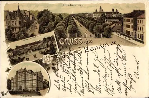 Litho Hannover in Niedersachsen, Herrenhauser Allee, Palmenhaus, Schloss
