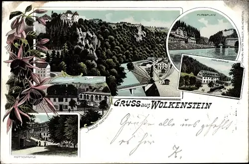 Litho Wolkenstein im Erzgebirge, Arnolds Restauration, Flossplatz, Waldmühle, Hüttenmühle