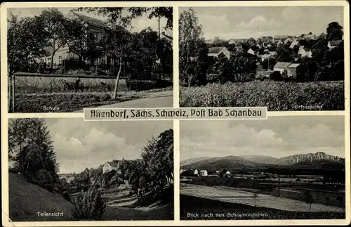 Ak Altendorf Sebnitz in Sachsen, Schule, Ortsansicht, Teilansicht, Blick nach den Schrammsteinen