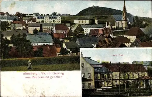 Relief Ak Altenberg im Osterzgebirge, Blick vom Raupennest aus, Geising, Hotel Post