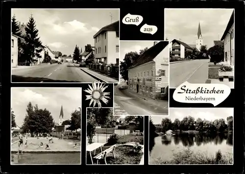 Ak Straßkirchen bei Straubing in Niederbayern, Freibad, Kirche, See, Stadtansichten