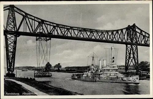 Ak Rendsburg in Schleswig Holstein, Hochbrücke, Schwebefähre, Linienschiff Schlesien