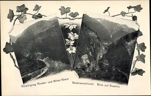 Passepartout Ak Disentis Kt. Graubünden, Medelserschlucht, Ortsblick, Vorder- u. Mittelrhein