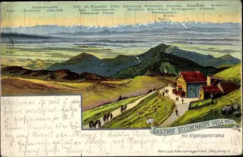 Künstler Ak Guebwiller Gebweiler Elsaß Elsass Haut Rhin, Gasthof Belchenkopf mit Alpenpanorama
