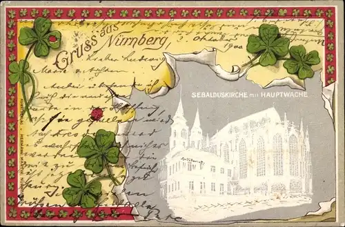 Litho Nürnberg in Mittelfranken, Sebalduskirche mit Hauptwache, Kleeblätter