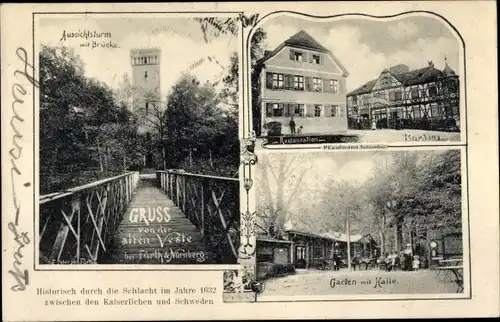 Ak Fürth in Mittelfranken Bayern, alte Veste, Aussichtsturm mit Brücke, Gasthof