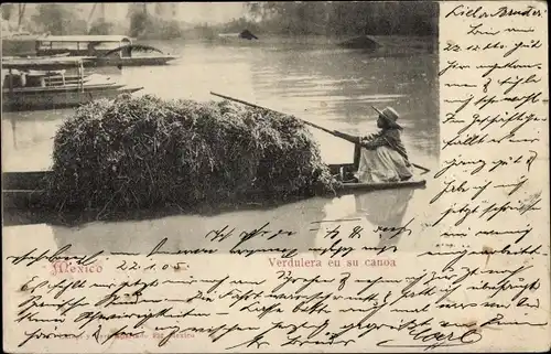 Ak Mexico, Verdulera en su canoa, Gemüsehändler im Kanu