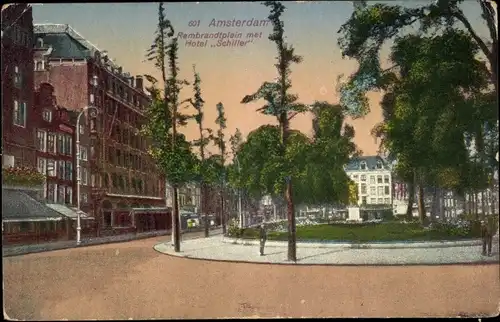 Ak Amsterdam Nordholland Niederlande, Rembrandtplein met Hotel Schiller