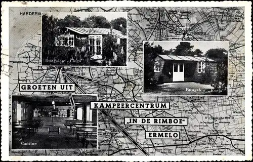 Ak Ermelo Gelderland, Kampeercentrum In de Rimboe, Bungalows, Cantine, Landkarte