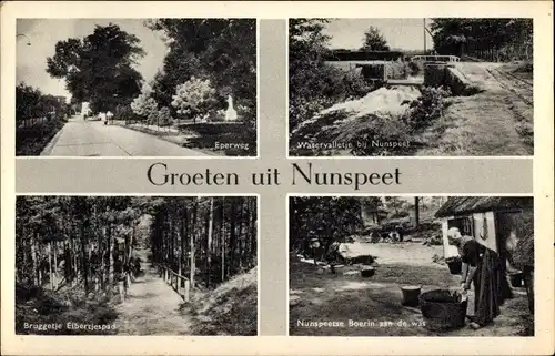 Ak Nunspeet Gelderland, Eperweg, Watervalletje, Bruggetje Elbertjespad, Boerin aan de was