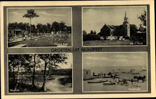 Ak Nunspeet Gelderland, Kerk. Ijsselmeer, Strand, Freibad, Waskolk