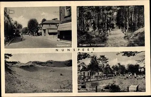 Ak Nunspeet Gelderland, Dorpstraat, Bruggetje Elbertjespad, Zandverstuiving, Pesies Bad