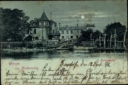 Mondschein Ak Schleswig an der Schlei, Schleihalle, bei Nacht