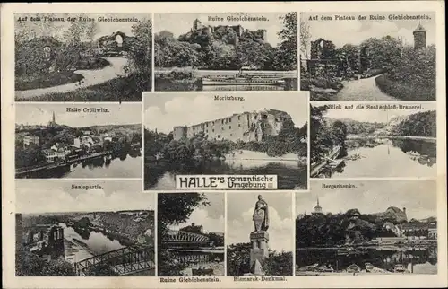 Ak Halle an der Saale, Moritzburg, Bismarck Denkmal, Saalepartie, Ruine Giebichenstein