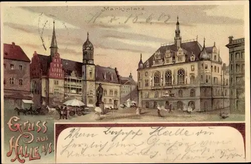 Litho Halle an der Saale, Marktplatz, Rathaus, Statue