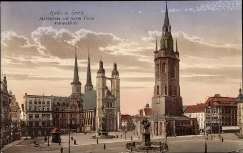 Ak Halle an der Saale, Marktplatz mit rotem Turm, Marienkirche