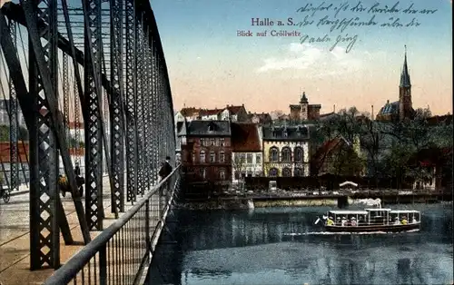 Ak Halle an der Saale, Blick auf Cröllwitz, Brücke, Schiff