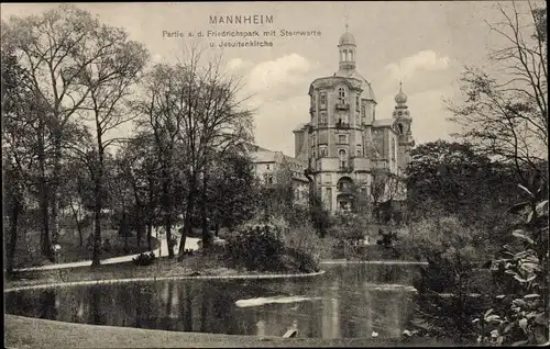 Ak Mannheim in Baden, Friedrichspark mit Sternwarte und Jesuitenkirche