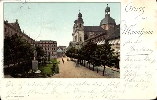 Ak Mannheim, Straßenpartie mit Denkmal