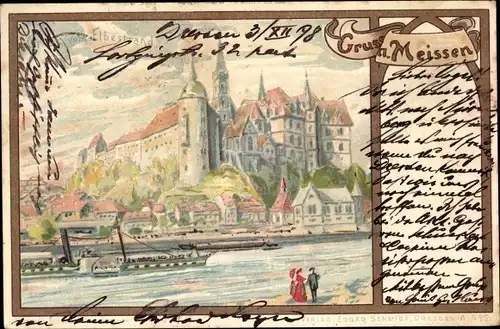 Litho Meißen in Sachsen, Blick über Fluss auf Burg, Panorama, Dampfer