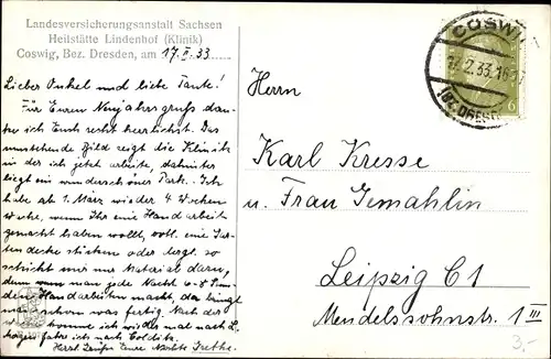 Ak Coswig in Sachsen, Heilstätte Lindenhof, Klinik