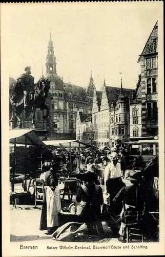 Ak Hansestadt Bremen, Kaiser Wilhelm-Denkmal, Baumwoll-Börse und Schütting, Markt