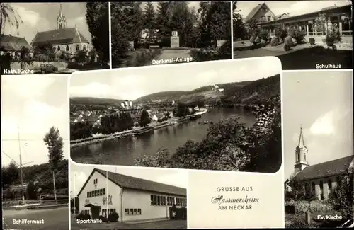 Ak Hassmersheim Haßmersheim am Neckar, Kath. Kirche, Denkmal-Anlage, Schulhaus, Schiffermast