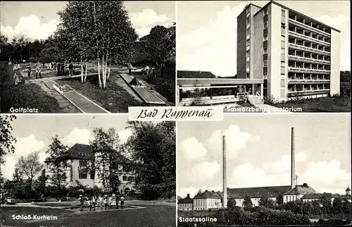 Ak Bad Rappenau in Baden, Golfplatz, Schwarzberg Sanatorium, Staatssaline, Schloss Kurheim