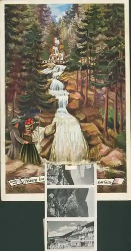 Leporello Ak Triberg im Schwarzwald, Wasserfall, Schwarzwälder Tracht, Brücke, Panorama