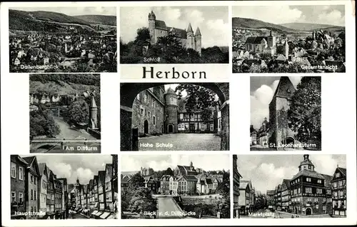 Ak Herborn in Hessen, Schloss, Hochschule, Dillturm, St. Leonhardsturm, Marktplatz