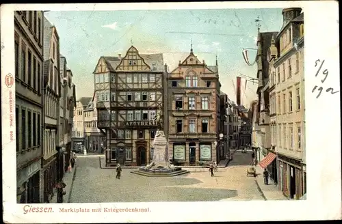 Ak Gießen an der Lahn Hessen, Marktplatz und Kriegerdenkmal