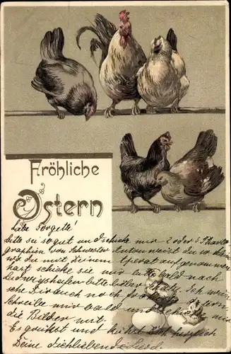 Litho Glückwunsch Ostern, Hühner, Küken, Eierschalen
