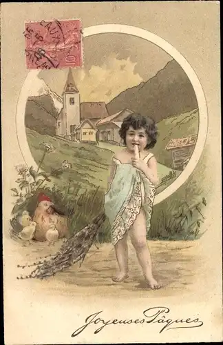 Präge Ak Glückwunsch Ostern, Kind, Blumen, Kirche, Henne, Küken