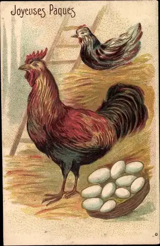 Präge Ak Glückwunsch Ostern, Hühner, Korb mit Eiern
