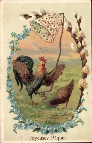 Präge Passepartout Ak Glückwunsch Ostern, Hühner, Glocken, Weidenkätzchen, Vergissmeinnicht