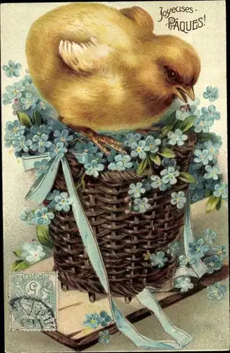 Litho Glückwunsch Ostern, Küken auf einem Weidenkorb mit Vergissmeinnicht