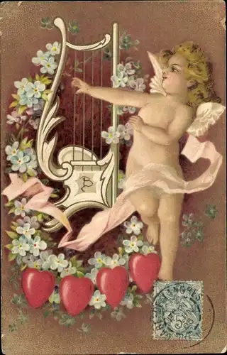 Litho Engel mit Handharfe, Herzen, Vergissmeinnichtblüten