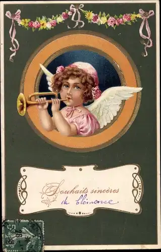 Präge Litho Engel mit Trompete, Rosen