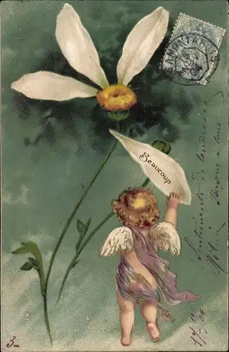 Präge Litho Engel, Weiße Blume, Blumenblätter