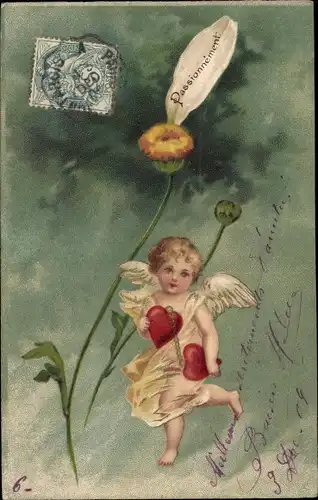 Präge Litho Engel, Weiße Blume, Herzen