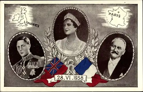 Ak King George VI., Queen Elizabeth Bowes Lyon, Président Albert Lebrun, 28.6.1938, London, Paris